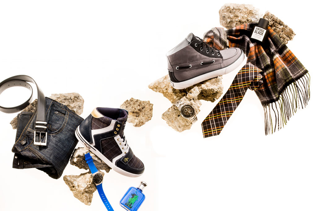Mens wear laid out in a stylized way